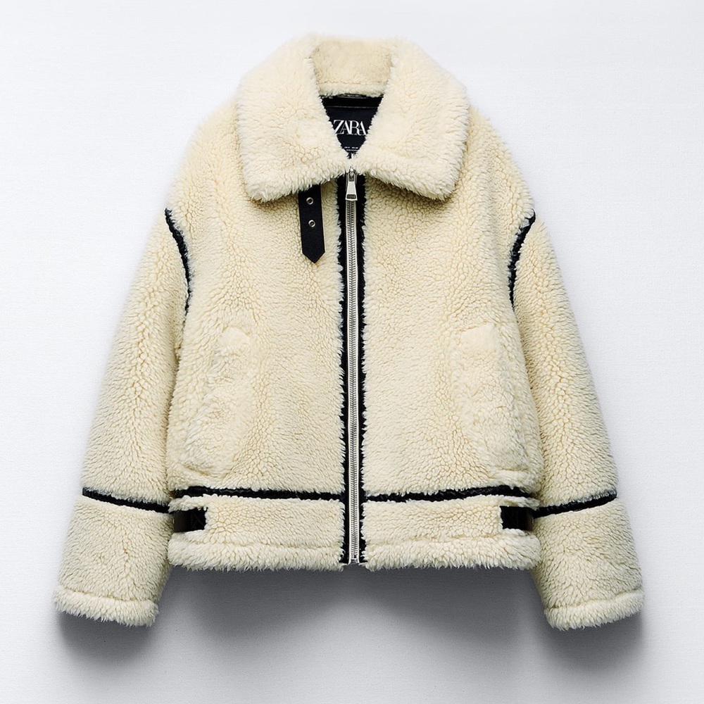 ZARA FAUX FUR BIKER JACKET ECRU LARGE